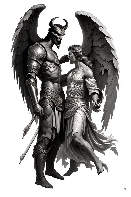 fight between demon and angel with Greek armor tattoo design idea