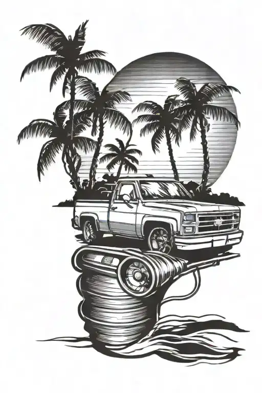 Chevy square body truck parked on the beach with a sunset and waves in the background speedometer below palm trees side tattoo design idea
