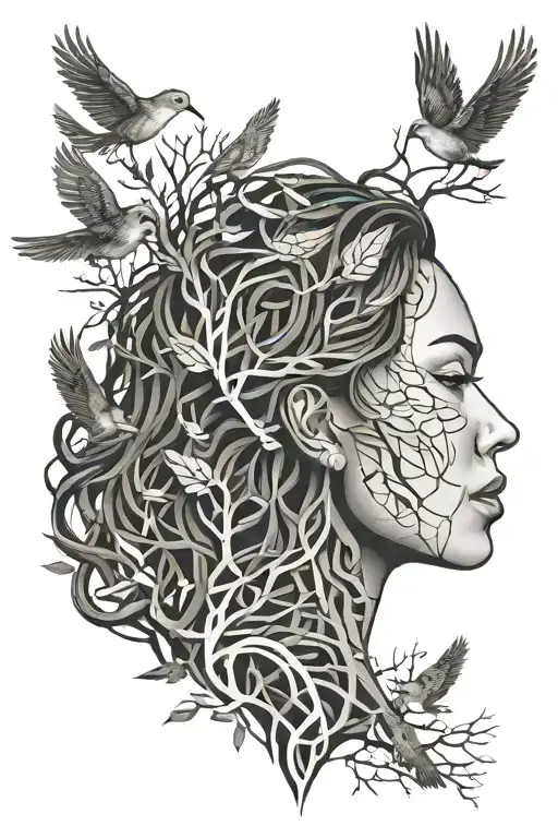 tree intertwined with woman standing, leaves falling and transforming into birds tattoo design idea