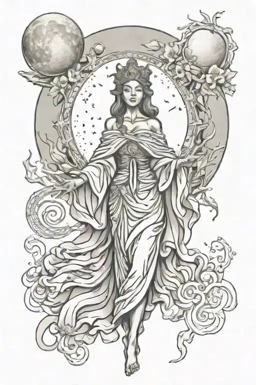 wisdom goddess standing flowing robe moon tattoo design idea