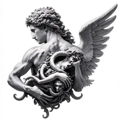 Draw a back tattoo blueprint combining "The fallen angel" (painting) Perseus holding medusa's head (sculpture) Abduction tattoo design idea
