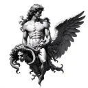 Draw a back tattoo blueprint combining "The fallen angel" (painting) Perseus holding medusa's head (sculpture) Abduction tattoo design idea