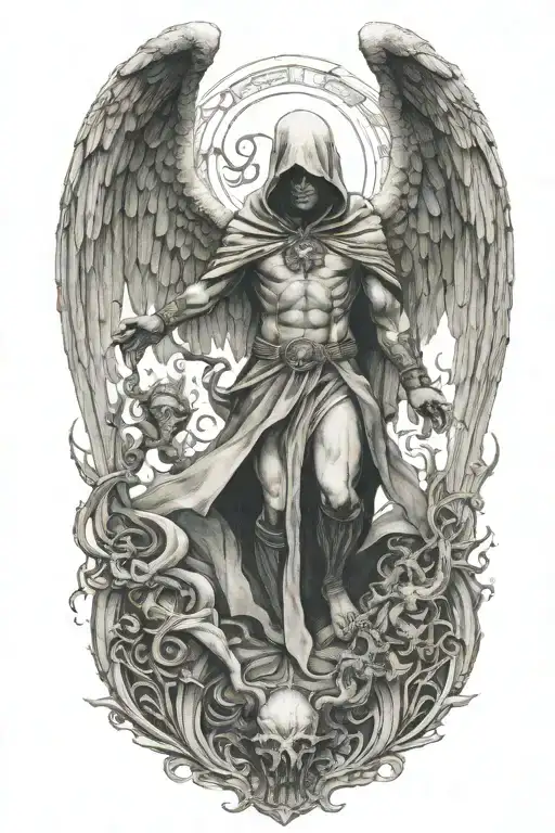 hooded arch angel defeating a demon tattoo design idea