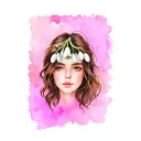 woman with brown hair and open snowdrop flower on the head tattoo design idea