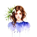woman with brown hair and open snowdrop flower on the head tattoo design idea