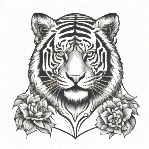 tiger face with his teeth shown on top of his head the bouddha sitting and meditating with lotus flower background tattoo design idea