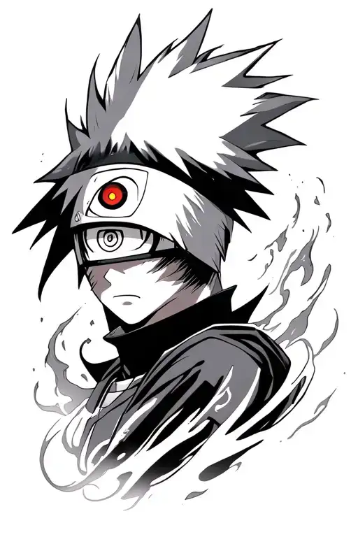 Anime tattoo sleeve design featuring Kakashi Hatake with his Sharingan eye glowing, surrounded by swirling chakra energy tattoo design idea