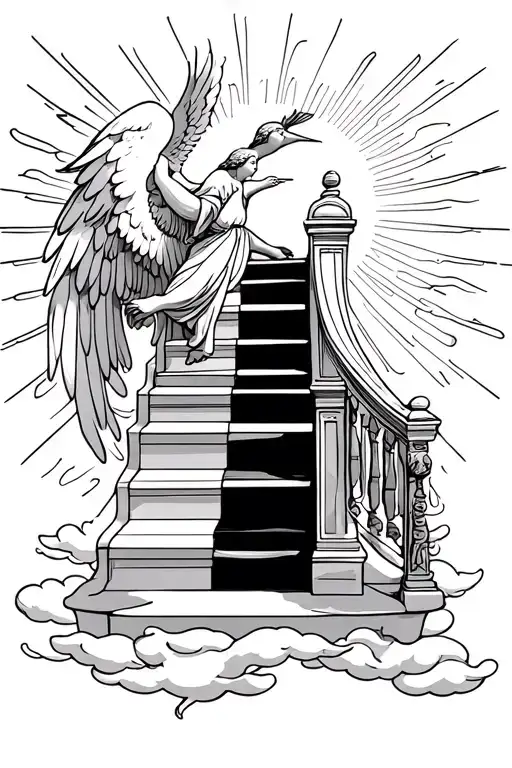 guardian angel, staircase, clouds, sun rays, dove, time heals tattoo design idea