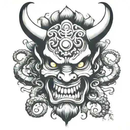 Hp Lovecraft inspired Japanese oni demon mask with tentacles and horns and fangs tattoo design idea