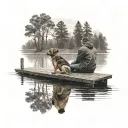 person with his dog by his side facing the water sitting on a dock with a lake in front of them with a tree line tattoo design idea