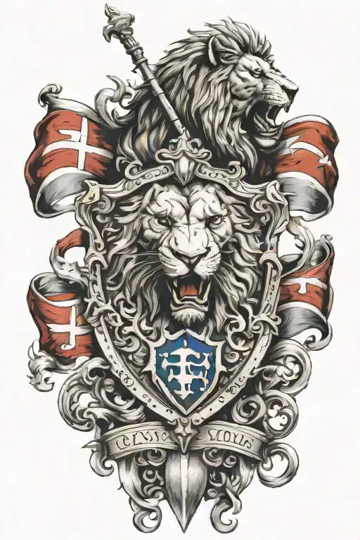 The word Lyon in Gothic then a roaring lion in the center of the forearm and a knight of the Templars and a French flag tattoo design idea