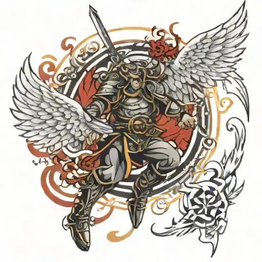 Arc Angel Michael fighting and bibile verse written tattoo design idea
