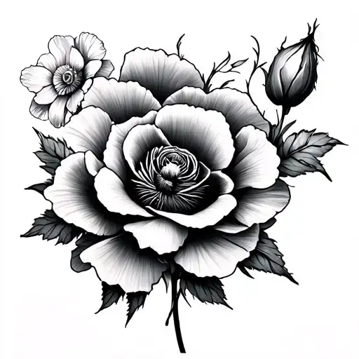 Poppy and rose and daffodil and carnation flower tattoo design idea