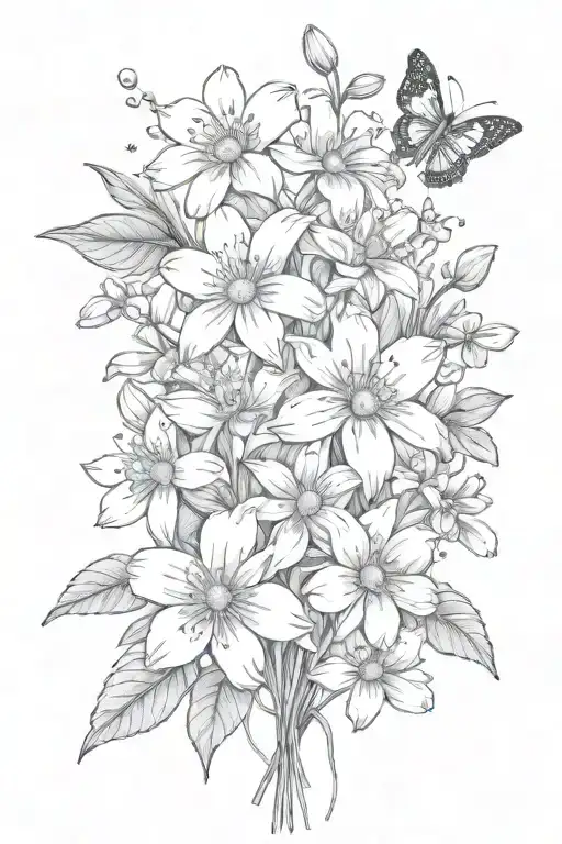 daisies and daffodils bouquet with sprinkling of cherry blossoms, snow drops, violets, filler, stems tattoo design idea