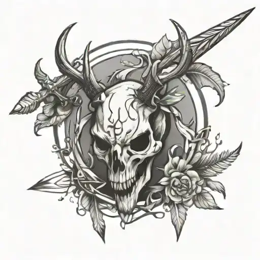 male deer skull with sword peircing feom top with arrows through side tattoo design idea