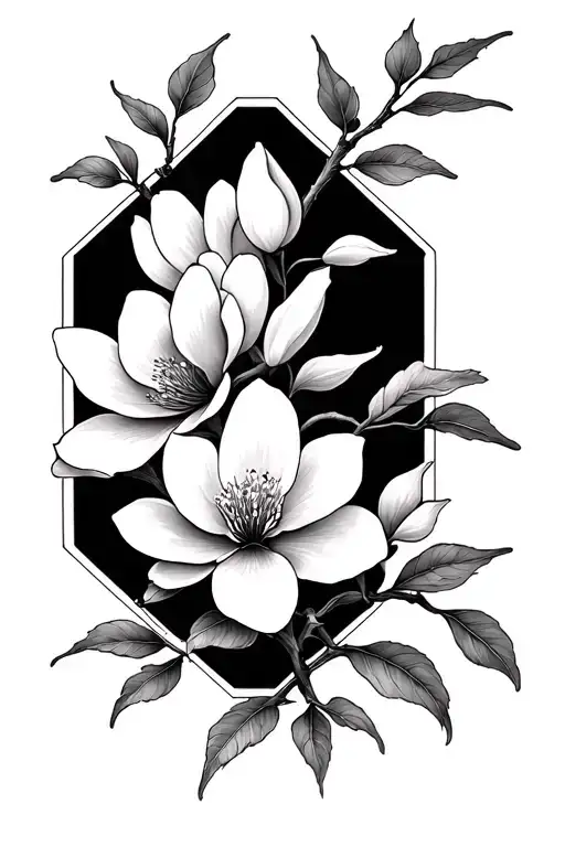 magnolia and cherry blossom branch in fine line tattoo with octagons and travel themes tattoo design idea