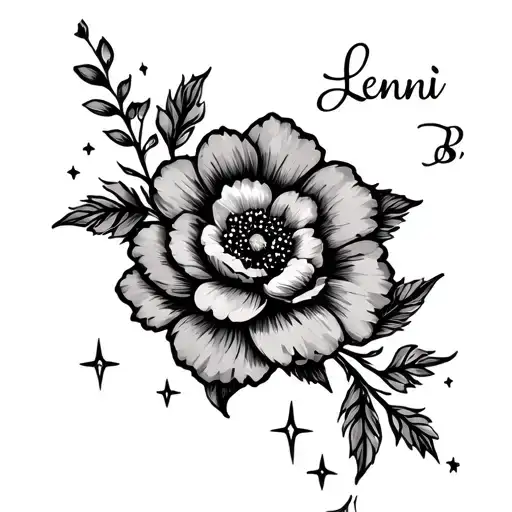 Lenni B. written in cursive delicate font with a flower incorporated into the lettering and a trail of little stars  tattoo design idea
