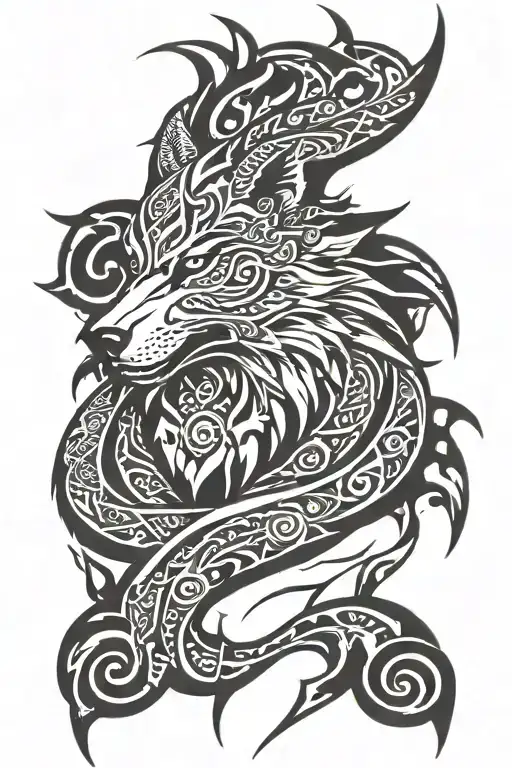 tribal wolf head merged with a tribal dragon wrapped with musical notes in the wolf and dragon tattoo design idea