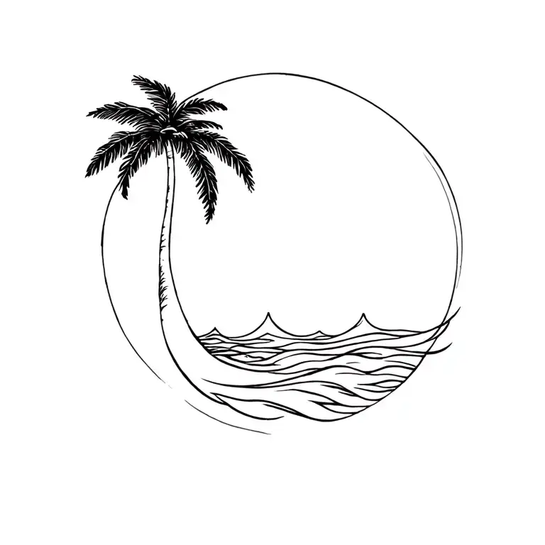 Minimalist black and white tattoo design of a slender palm tree inside a flowing ocean wave. Simple and elegant line art tattoo design idea