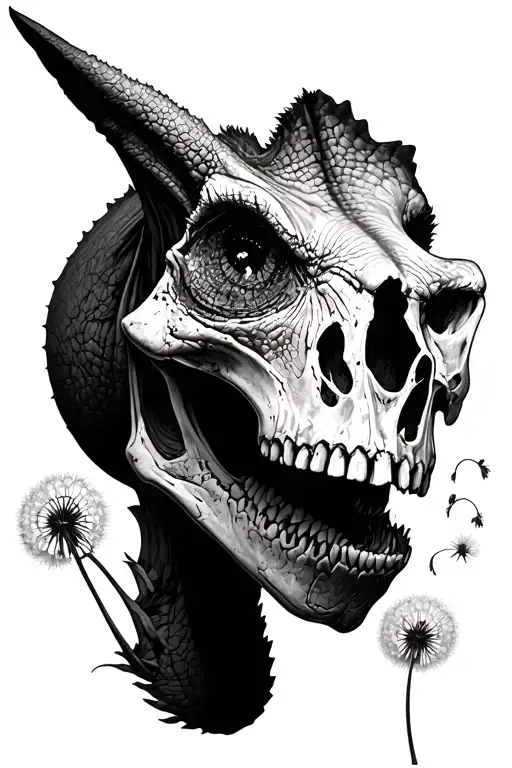 triceratops skull with dandelion blowing and 31 in eye of skull tattoo design idea