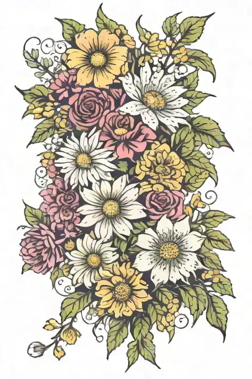 Flower Bouquet with: daisy, carnation, poinsettia, marigold, morning glory, and chrysanthemum  tattoo design idea