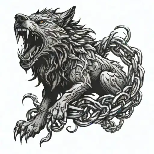 Fenrir and chains breaking and bursting tattoo design idea