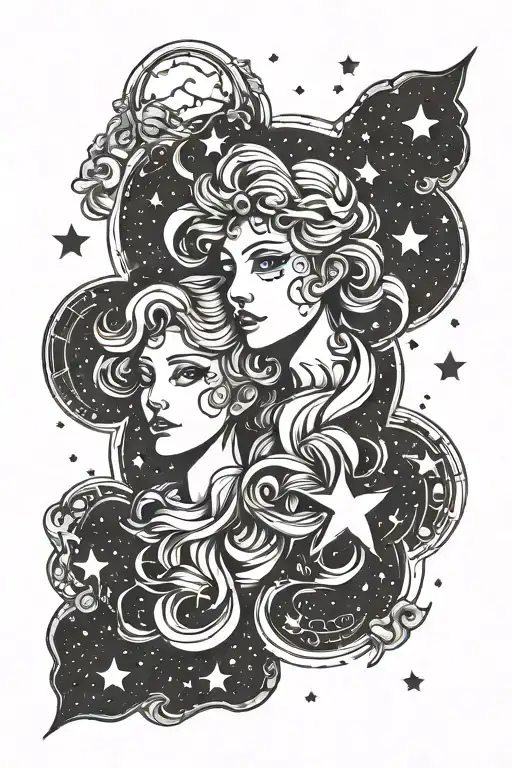 Gemini Zodiac sign with stars tattoo design idea