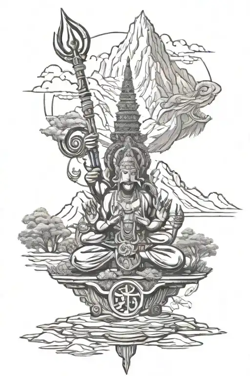 Draw a hindu trident coming down from mount kailash surrounded by nature with an om symbol on the bottom tattoo design idea