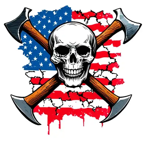 skull with axes crossed behind it and a torn faded American flag tattoo design idea