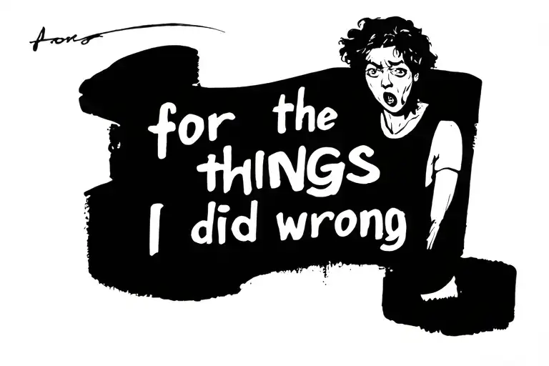 Bold text "for the things I did wrong" with the image of someone looking worried tattoo design idea