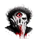 The guy holds his hand to his face, blood runs down his hand. The eye is bloodshot and wide open. Atmosphere of sadness tattoo design idea