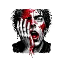 The guy holds his hand to his face, blood runs down his hand. The eye is bloodshot and wide open. Atmosphere of sadness tattoo design idea