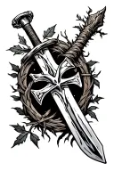 A sword a cross cross accented hilt and with breaks in the steel, wrapped with a barbed wire stem with leaves and a sing tattoo design idea
