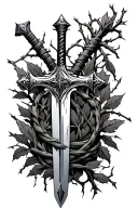 A sword a cross cross accented hilt and with breaks in the steel, wrapped with a barbed wire stem with leaves and a sing tattoo design idea