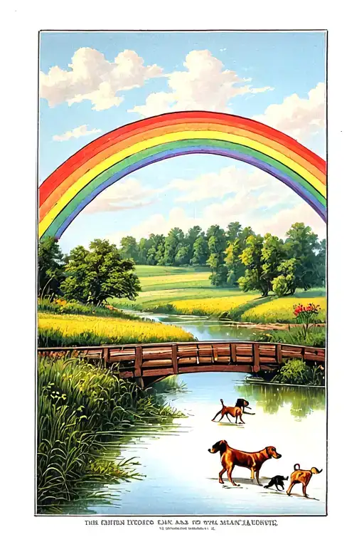 rainbow bridge leading to field with pond and dogs playing tattoo design idea