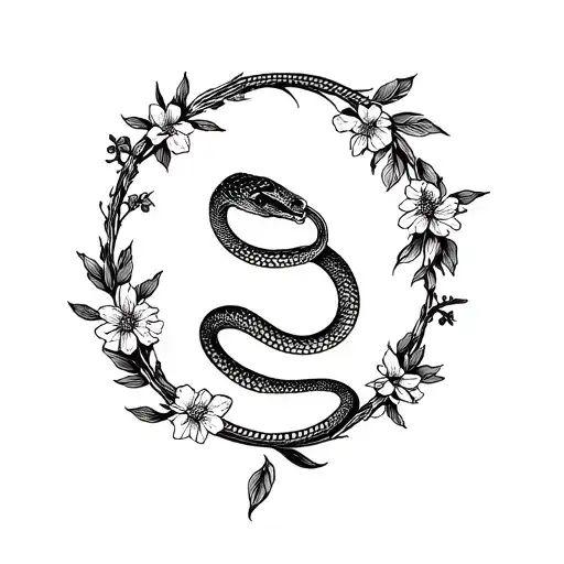 fine line tattoo, snake with floral wreath, botanical, ultra detailed, minimalist, Tritoan Ly style, black ink, white ba tattoo design idea