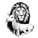 A detailed illustration of a lion and a lamb peacefully coexisting, symbolizing peace and harmony in Christianity tattoo design idea