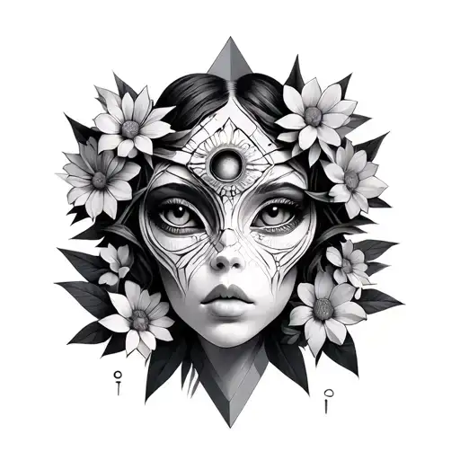 female humanoid alien face with third eye hidden within geometric flowers tattoo design idea