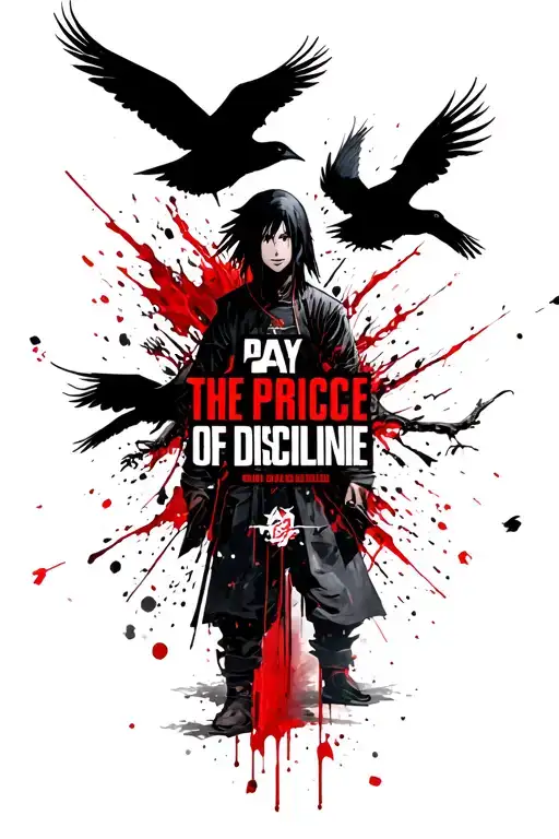 "Pay the price of discipline " Itachi Uchiha with crows flying tattoo design idea