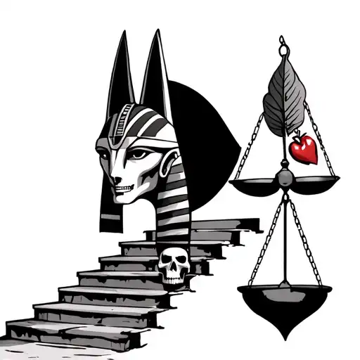 Anubis head to waist weighing a leaf and a heart with a balance scale. Stairs leading up to him with skulls on each side tattoo design idea