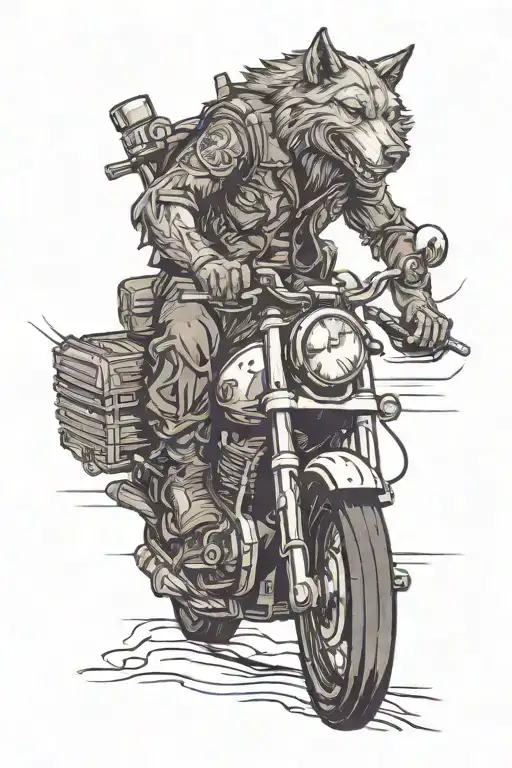 anthropomorphic wolf on motorcycle riding  tattoo design idea