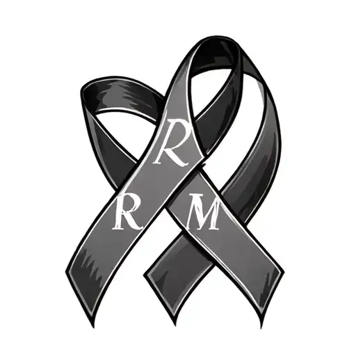 breast cancer ribbon with initials R and M at the end of each ribbon.  tattoo design idea