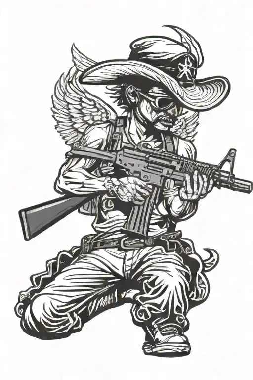 blindfolded cholo angel holding a ar 15 rifle tattoo design idea