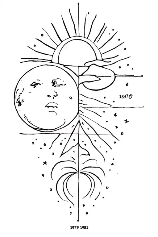 Add a moon and a sun with connection lines with dates 1979 and 1981 tattoo design idea