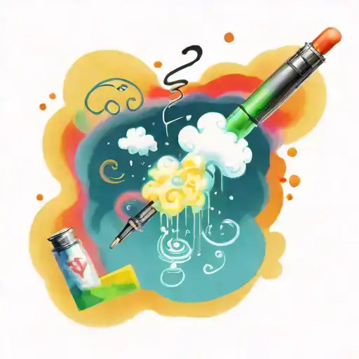 a vape pen with cloud of vapour of question marks. Some boiling tubes in front with heavy metals in colourful solutions tattoo design idea