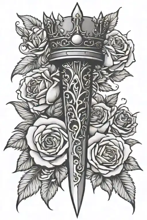 dagger with a crown and roses blooming tattoo design idea