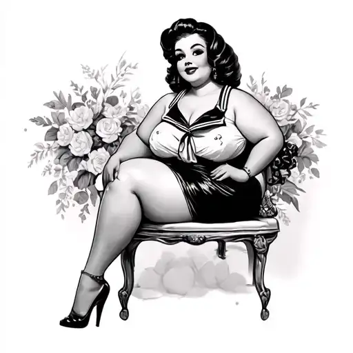 black chubby pin up girl sitting sailor style tattoo design idea