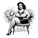 black chubby pin up girl sitting sailor style tattoo design idea
