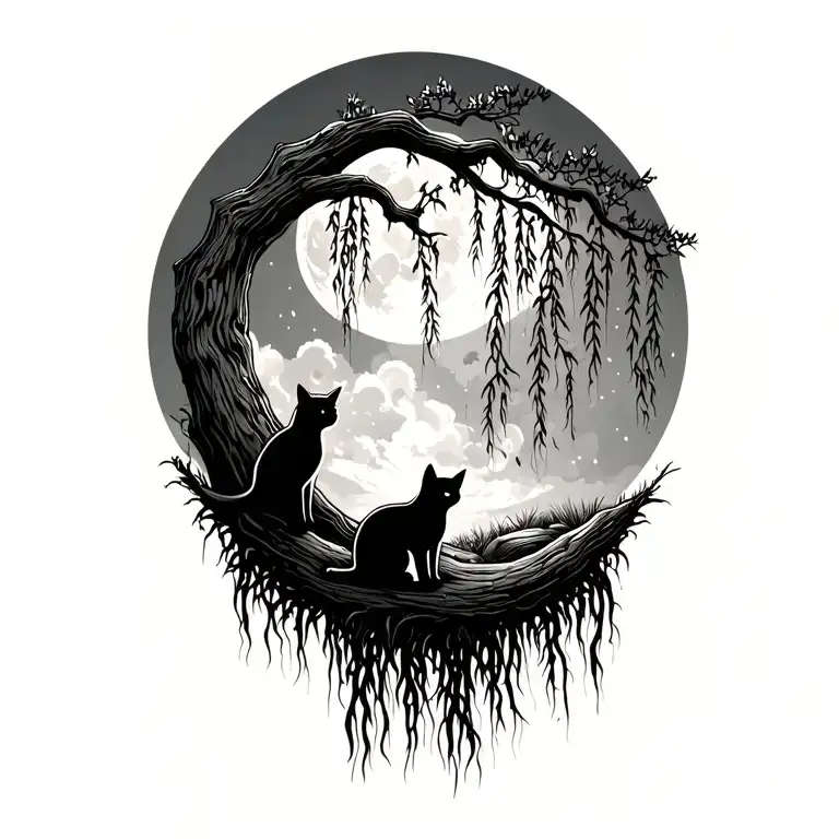 Weeping Willow tree on the moon and cat sitting alone tattoo design idea
