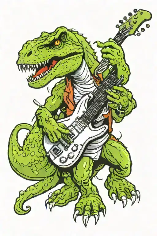 t-Rex dinosaur playing guitar tattoo design idea